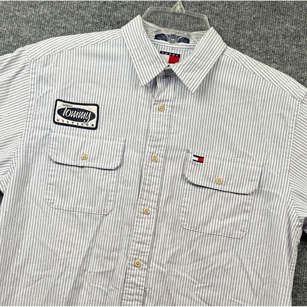 Tommy Hilfiger Boys XL Blue White Striped Short Sleeve Button Down Shirt